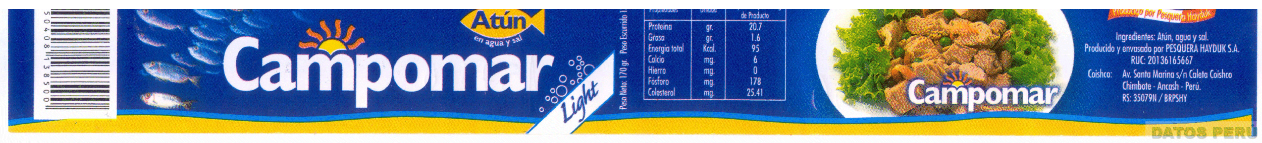 CAMPOMAR LIGHT FILETE DE ATUN EN AGUA Y SAL PRODUCIDO POR PESQUERA HAYDUK