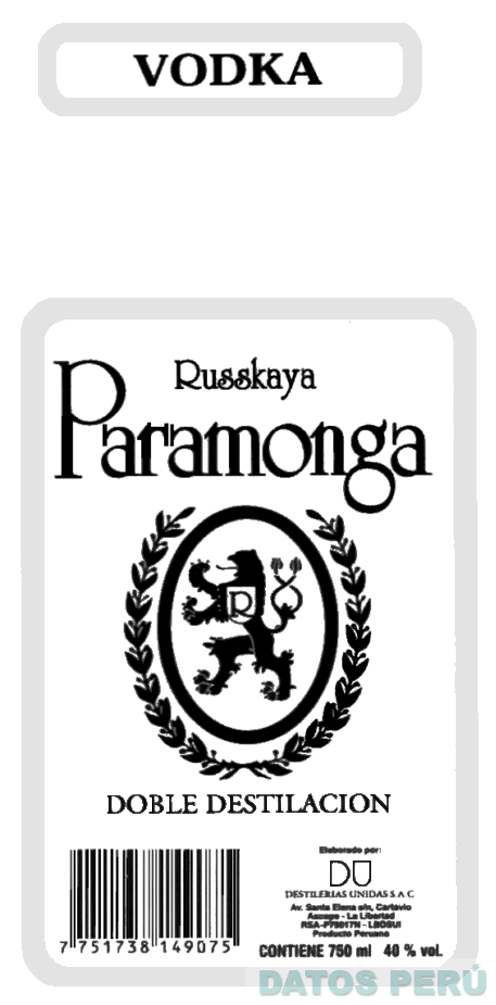 VODKA RUSSKAYA PARAMONGA DOBLE DESTILACION